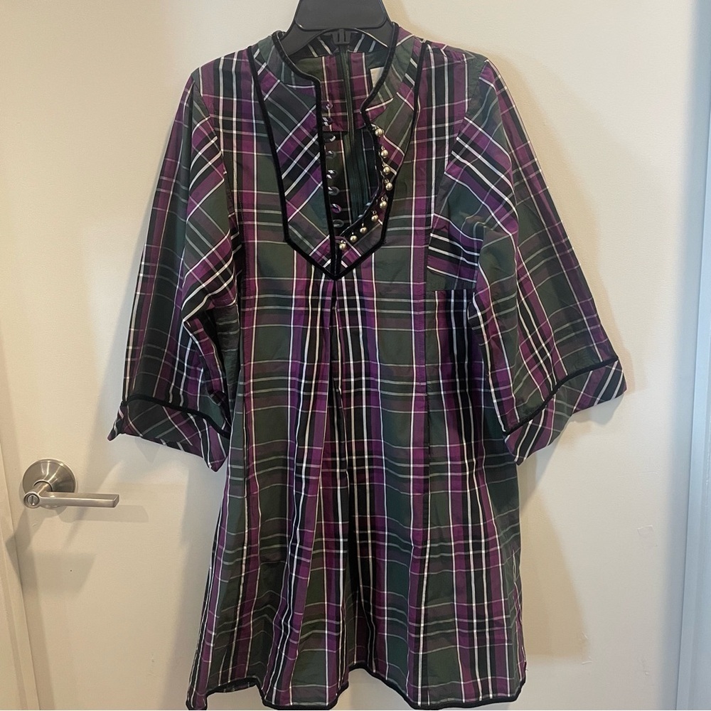 Tuckernuck Aubergine Tartan Indre Dress Womens Purple Tunic Velvet Trim Sz XS - Picture 4 of 13